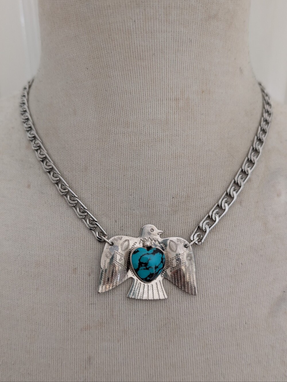Turquoise Bezel Navajo Bird Pendant Connector Necklace